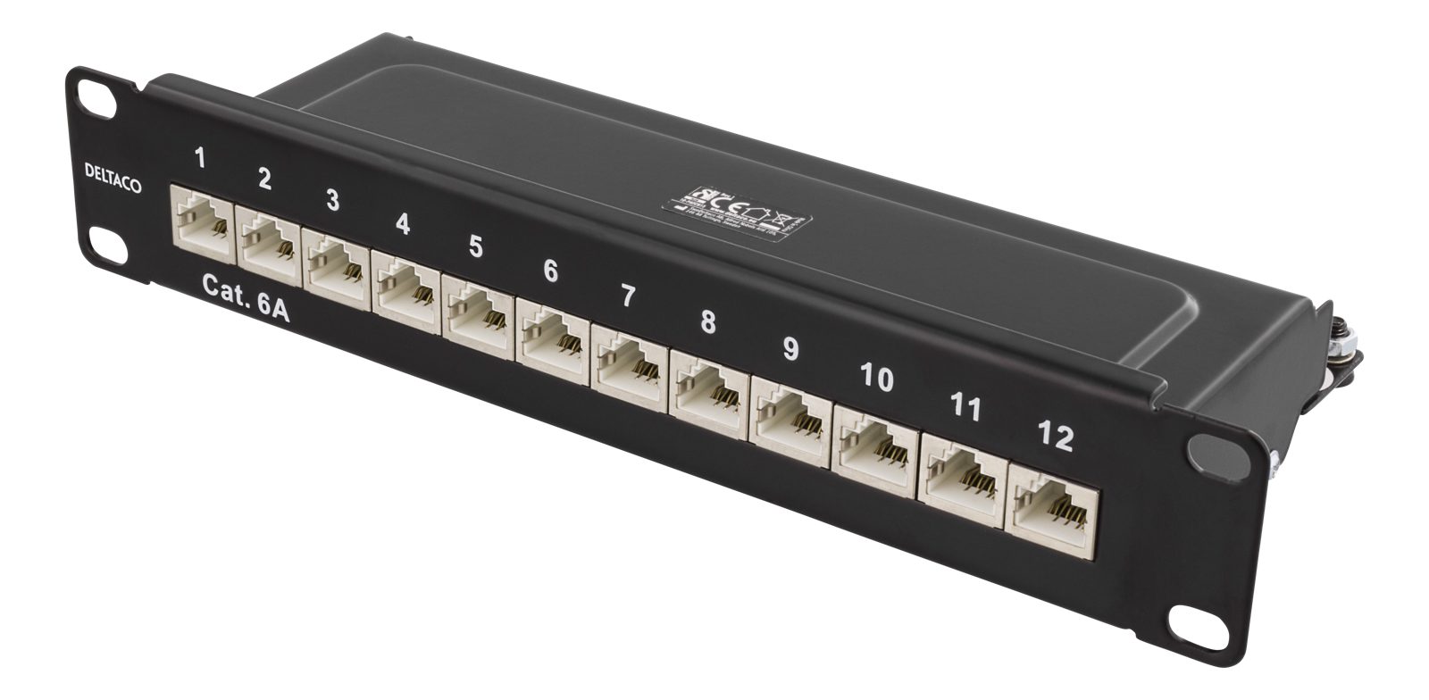 10" Patchpanel Deltaco, 12xRJ45, Cat6a, STP, 10Gbps, LSA, metall - svart, bild 2