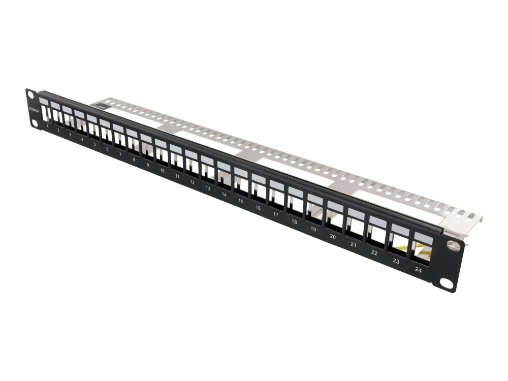 19" Patchpanel Deltaco, 24xRJ45, 1U, Keystone, kabelstöd, svart