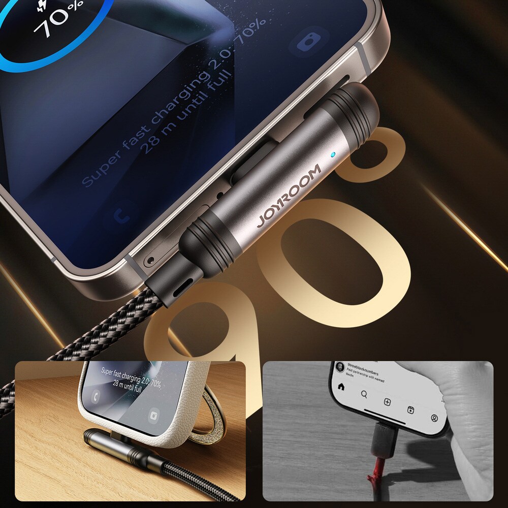 Joyroom USB-C till USB-C vinklad snabbladdningskabel 60W, 1,2m - Svart, bild 2