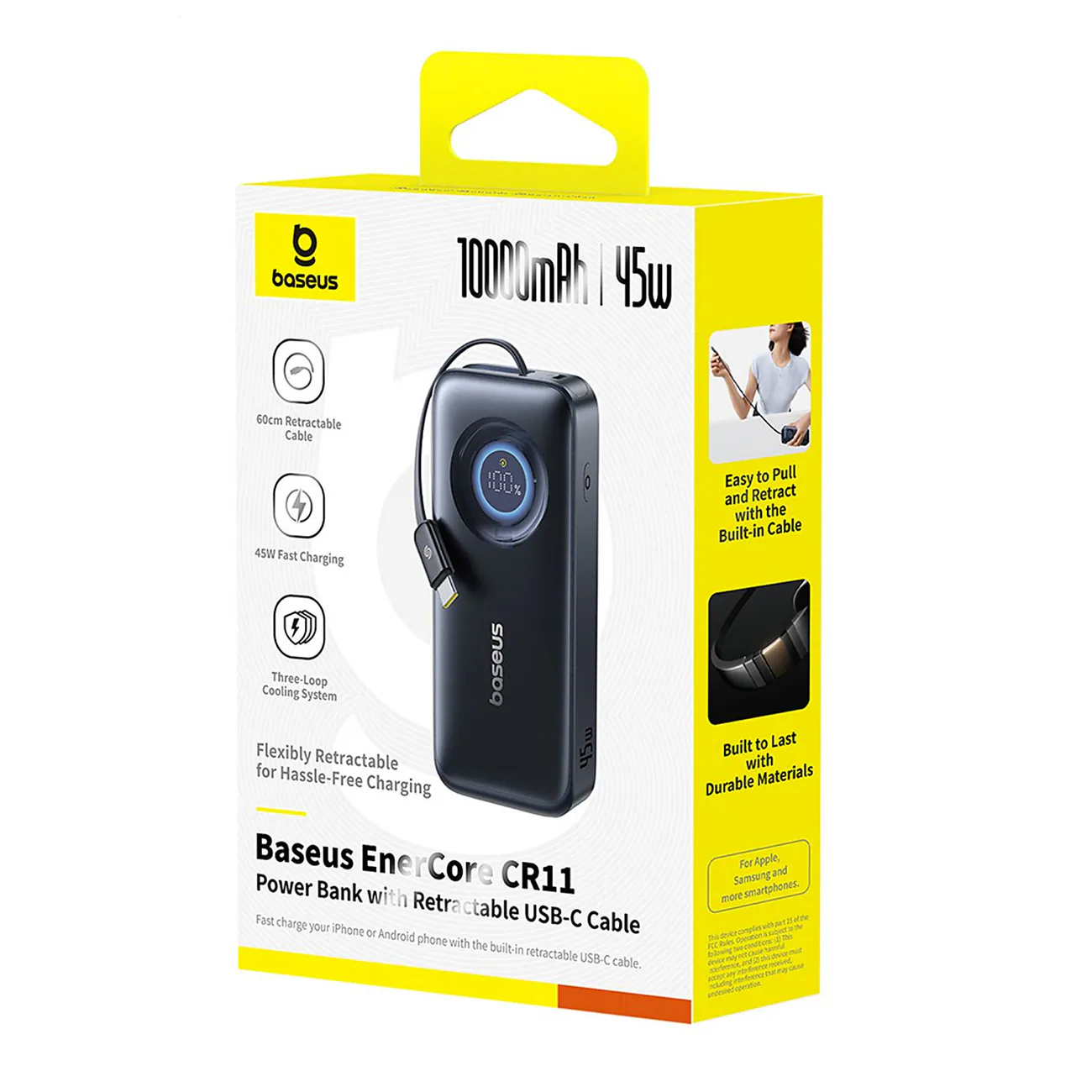 Baseus EnerCore CR11 10 000 mAh 45 W powerbank med infällbar USB-C-kabel – svart, bild 5
