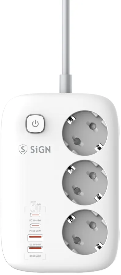 Grenuttag/laddare SiGN 65W GaN, 3-vägs, 2xUSB-A, 2xUSB-C, 2m kabel - Vit, bild 3
