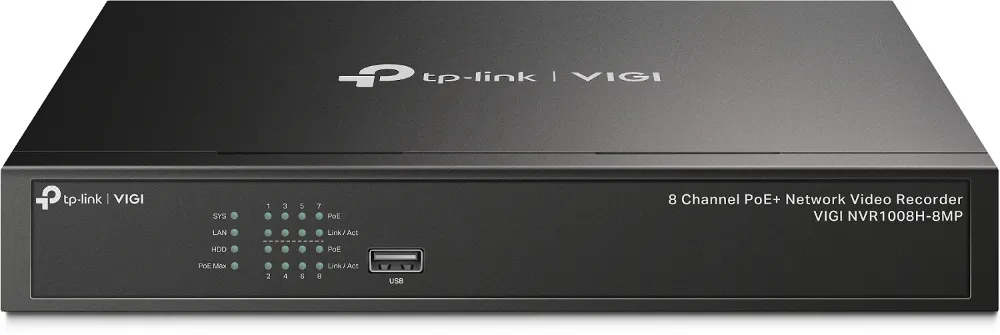 TP-Link VIGI NVR1008H-8MP, 8 kanaler, 3840 x 2160 pixlar, 720p, 1080p, 2160p, 3840x2160,1920x1080, 1680x1050, 1440x900, 1280x1024, 1024x768, 1280x720, 1280x720@60fps, 1920x1080@60fps, 3840x2160@30fps, H.264, H.264+, H.265, H.265+, H.265+, H.264
