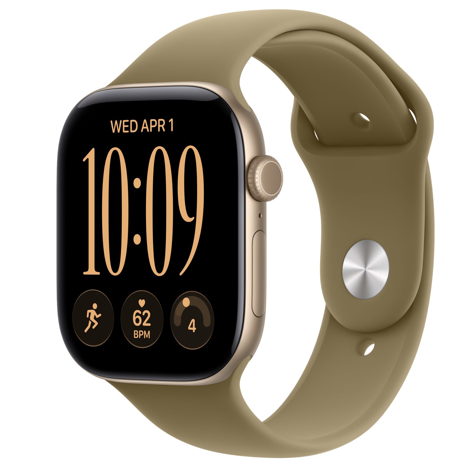 Apple Watch Series 12 (GPS) • Aluminiumboett ljust guld, 46 mm • Sportband oliv