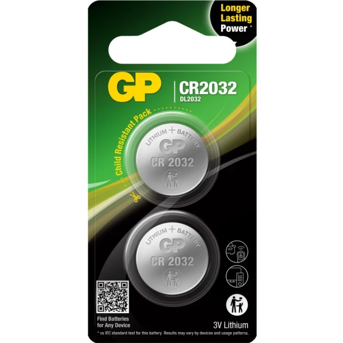 GP Lithium Cell Battery CR2032, 3V, 2-pack