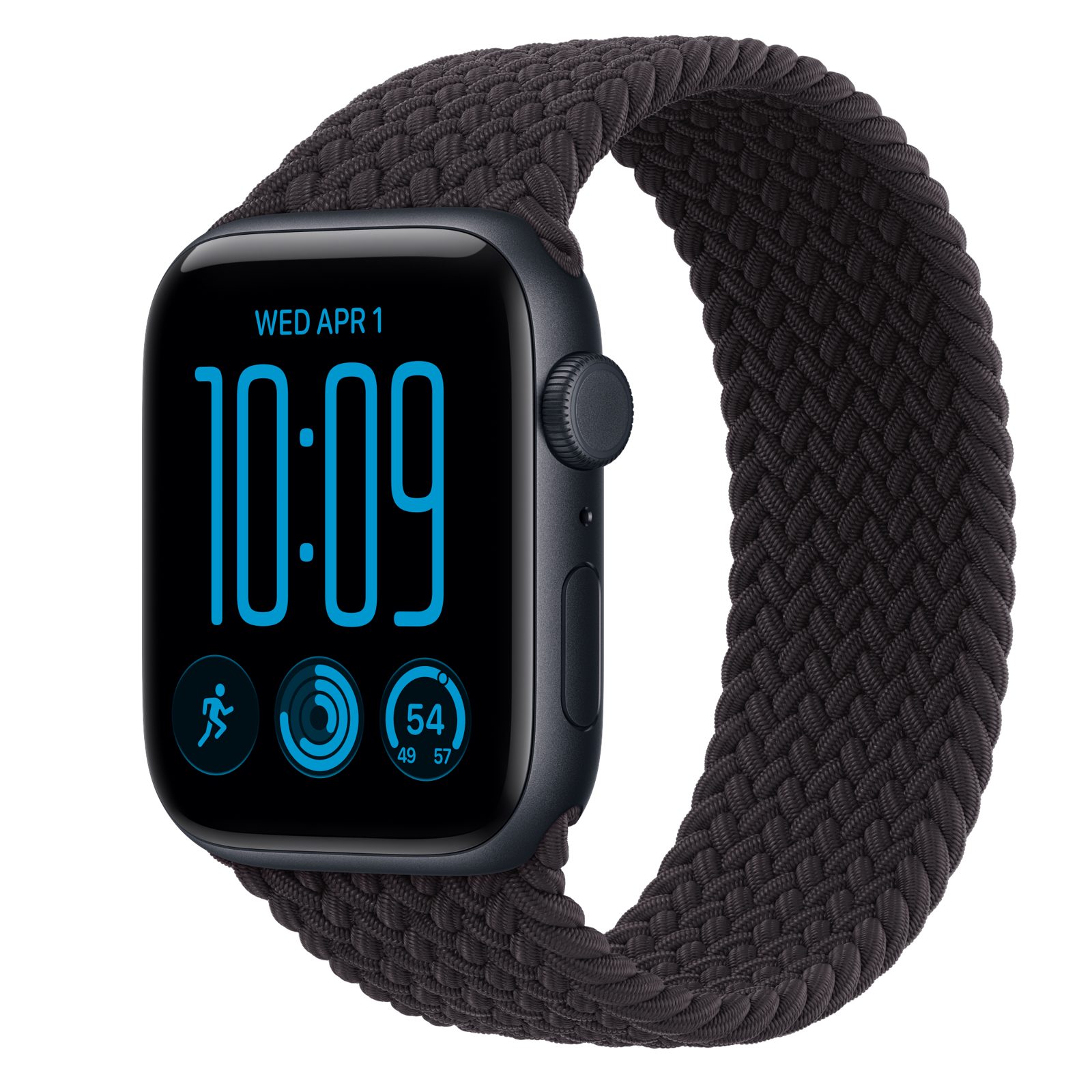 Apple Watch SE 3 (GPS + Cellular) • Aluminiumboett midnatt, 44 mm • Flätad sololoop svart