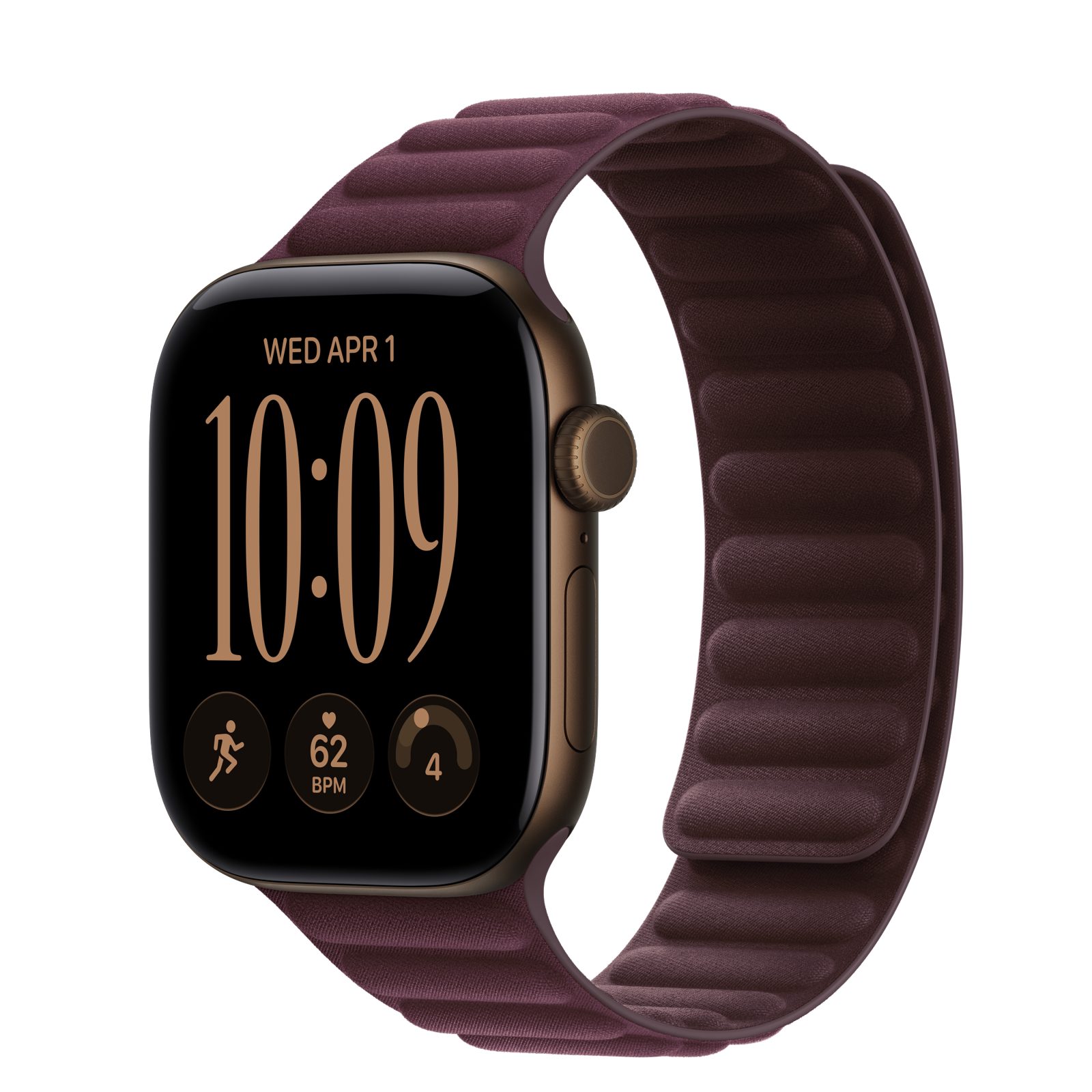 Apple Watch Series 12 (GPS + Cellular) • Aluminiumboett mörk brons, 42 mm • Magnetlänk bourgogne