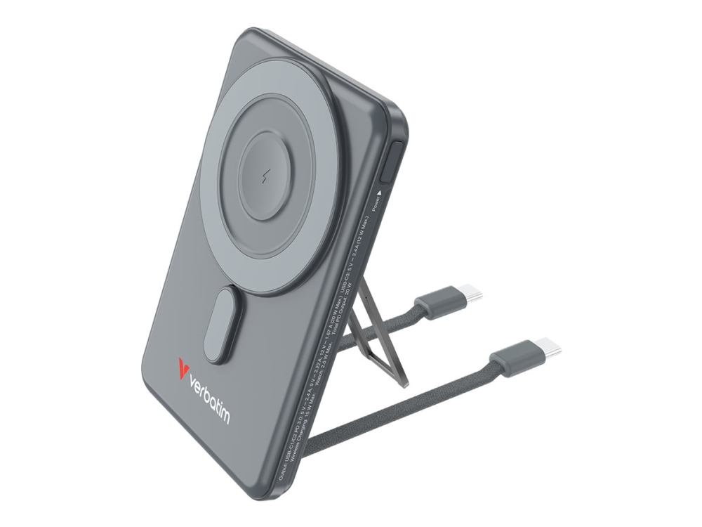 Verbatim Charge 'n' Go - Trådlös powerbank - magnetisk, med stativ - 5000 mAh - 20 Watt - 2.4 A - PD 3.0, QC 3.0, Apple 2.4A, USB BC 1.2, AFC - 3 utdatakontakter (USB-C) - grå