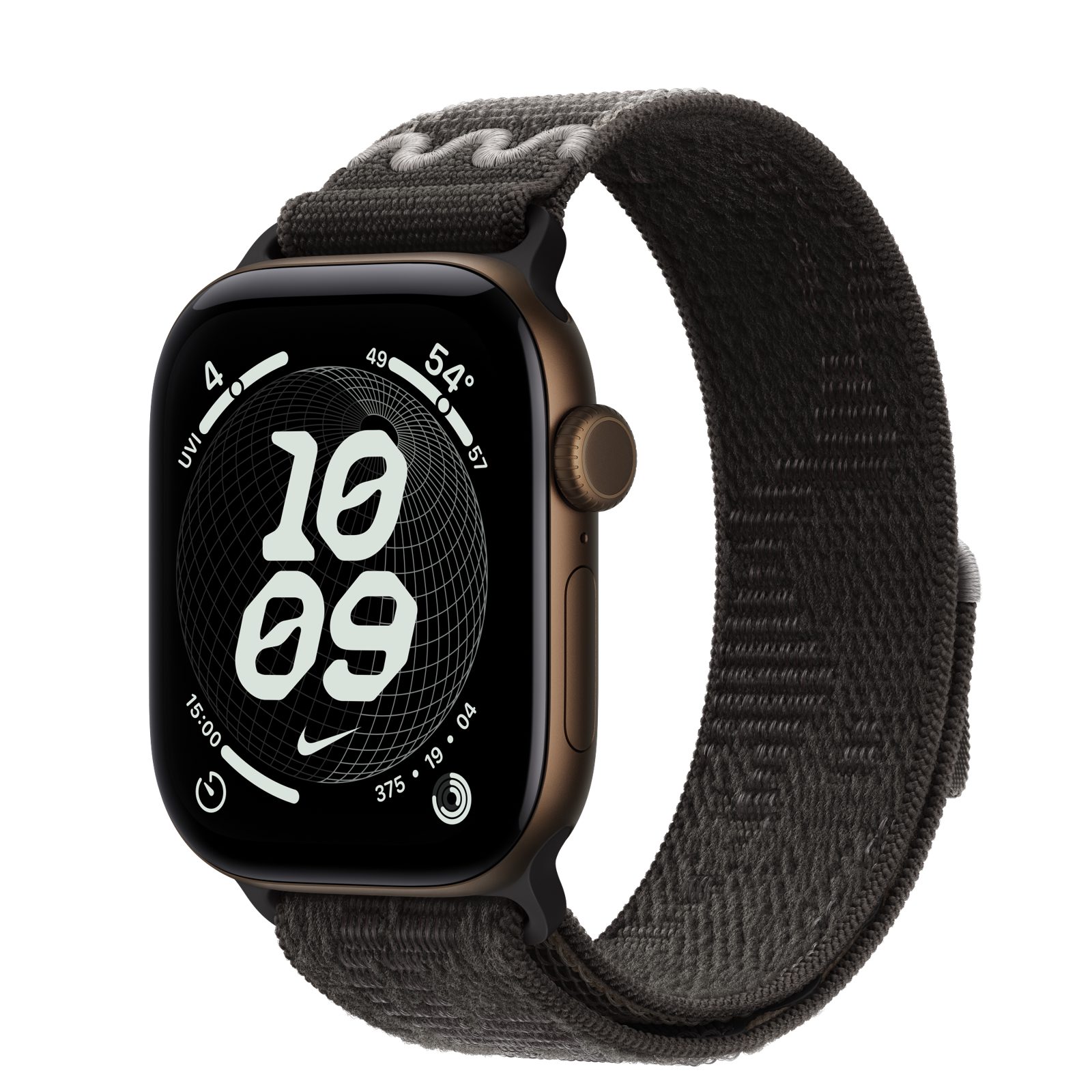 Apple Watch Series 12 (GPS) • Aluminiumboett mörk brons, 42 mm • Nike-sportloop i After Dark Black