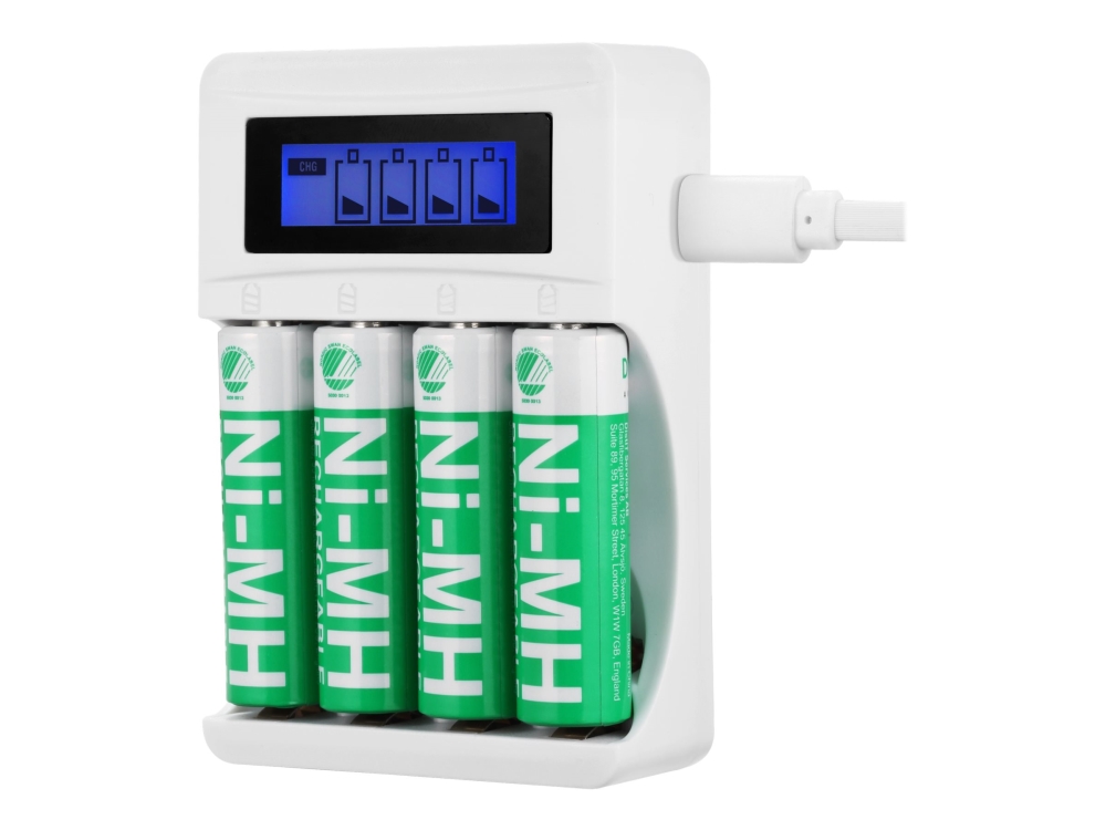 Deltaco USB Batteriladdare för 4xAA/AAA Ni-MH/Ni-Cd Batterier, inkl AA Batteri - Vit