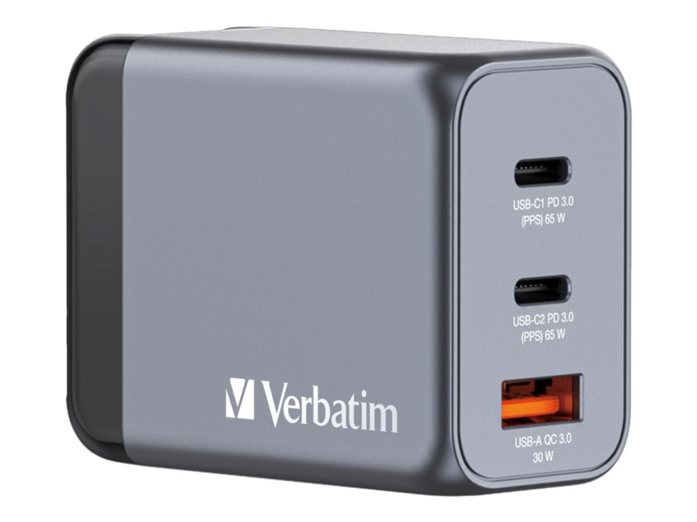 AC-adapter Verbatim GaN Charger 60W, 2xUSB-C / 1xUSB-A, inkl. reseadapter EU/UK/US, bild 4