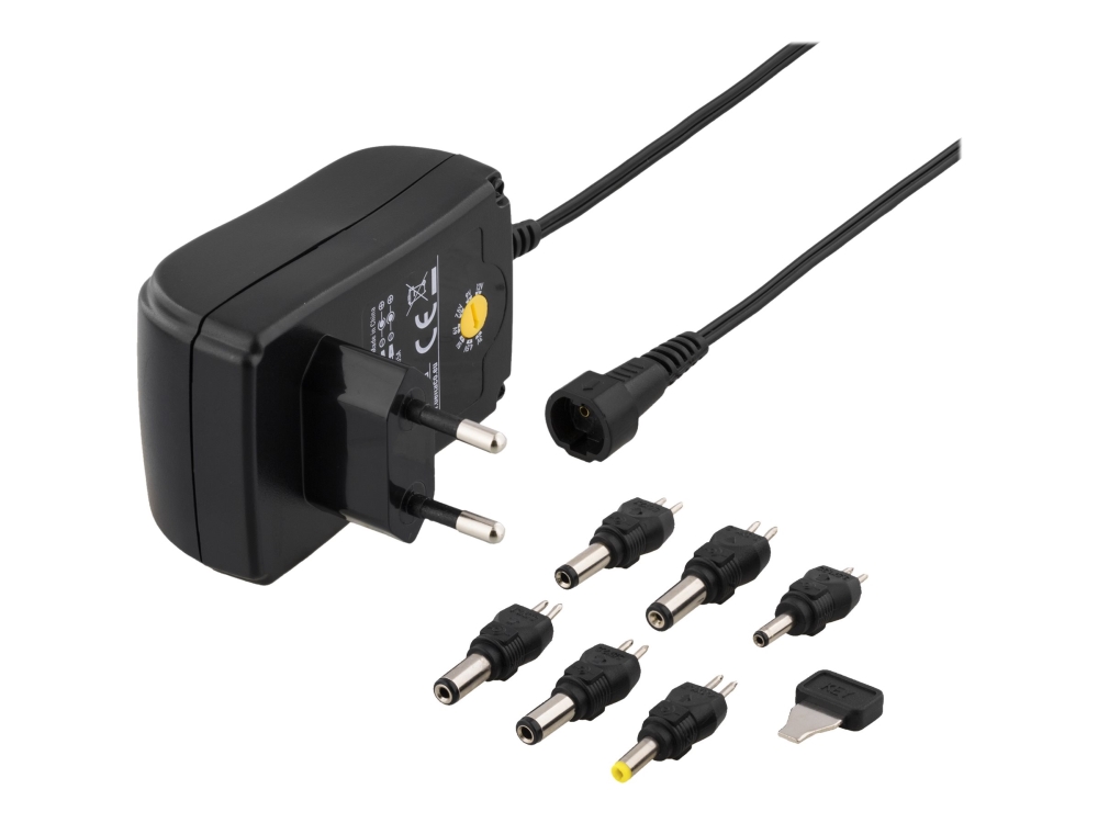 Universal AC-adapter 100-240V till 3-12V DC 18W/1,5A, Deltaco, 6 st utbytbara kontakter