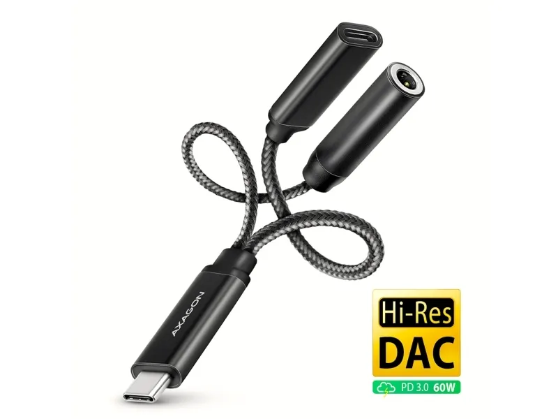 AXAGON ADA-HCPD USB-C till 3,5 mm ljudadapter, 384 kHz/32-bit, PD 60 W, svart