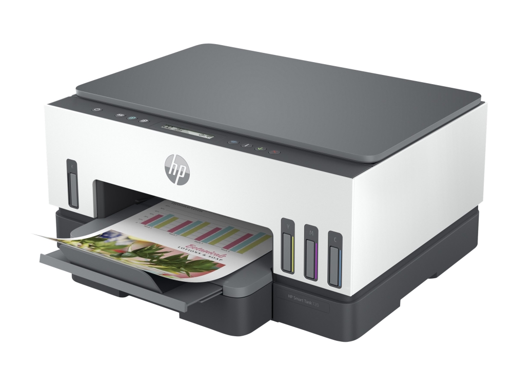 HP Smart Tank 720, skrivare + scanner + kopiator, 15/9 ppm ISO, 1200x1200 dpi scanner, duplex, AirPrint, USB/LAN/WiFi/Bluetooth