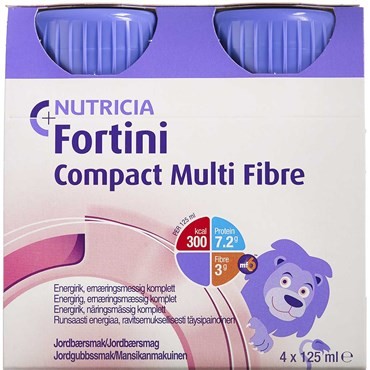 Fortini Compact MultiFibre, komplett barnkosttillägg, jordgubb, 4 x 125 milliliter