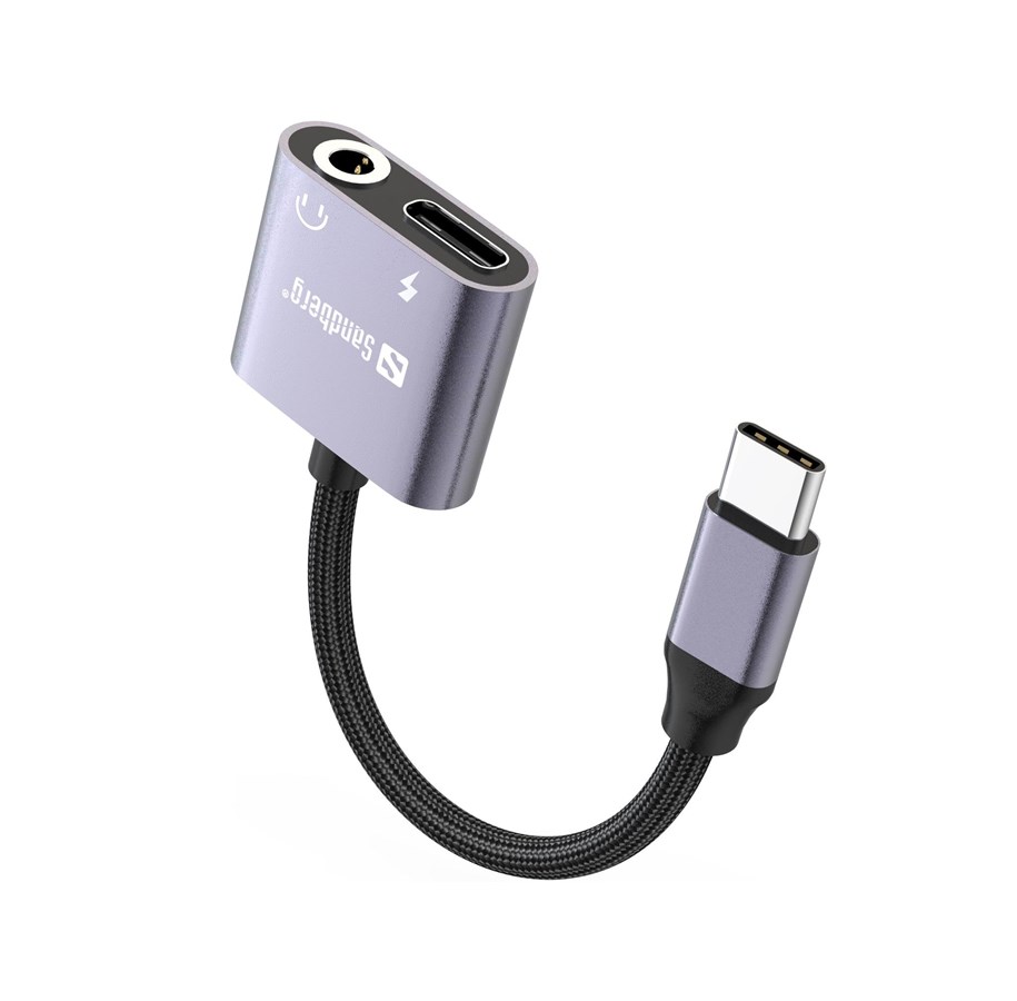 Sandberg - USB-C till hörlursuttag/laddningsadapter - 24 pin USB-C hane till 24 pin USB-C, minijack hona - USB-strömförsörjning (65W)
