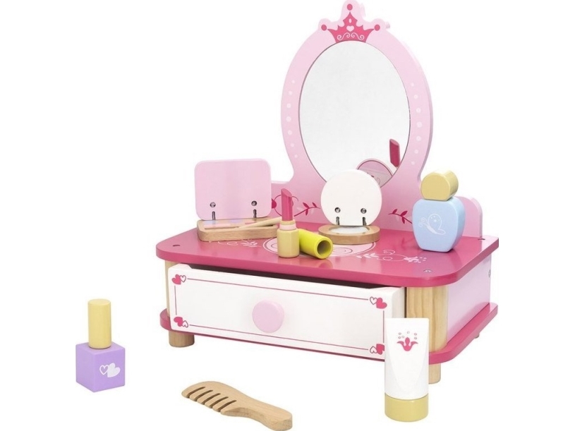 Viga Toys rosa smink/toalettbord i trä med spegel + tillbehör