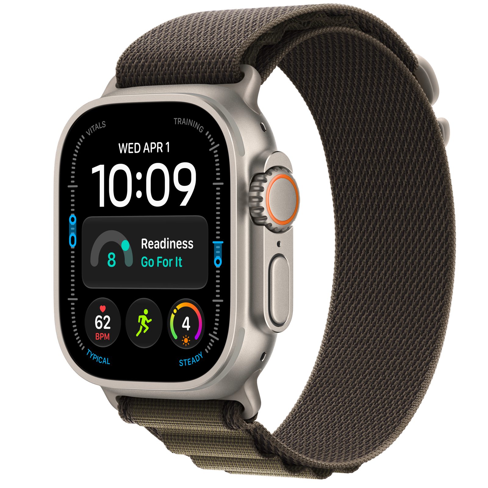 Apple Watch Ultra 4 (GPS + Cellular) • Titanboett naturlig, 49 mm • Bergsloop mörk oliv
