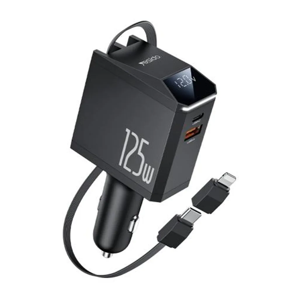 Yesido 125W billaddare USB-C/USB-A-portar och utdragbar USB-C/Lightning-kabel