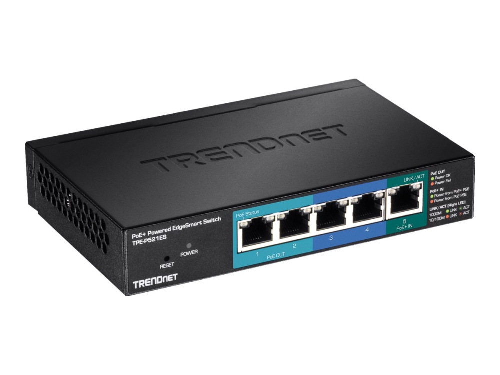 TRENDnet TPE P521ES - Switch - smart - 1 x 10/100/1000 (PoE+ input) + 2 x 10/100/1000 (PoE) + 2 x 10/100/1000 - skrivbordsmodell - PoE+ (18 W) - TAA-kompatibel