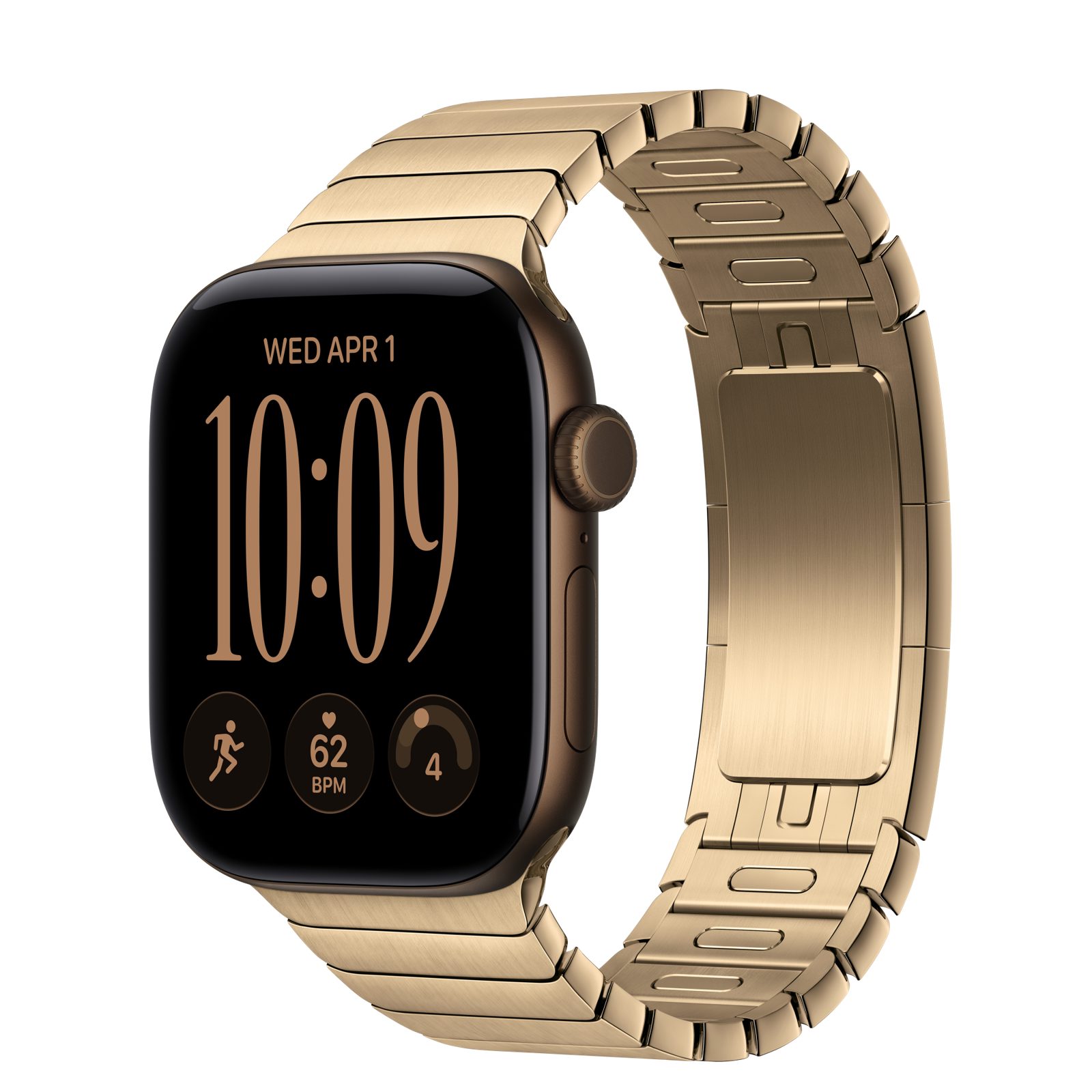 Apple Watch Series 12 (GPS) • Aluminiumboett mörk brons, 42 mm • Länkarmband skinande guld