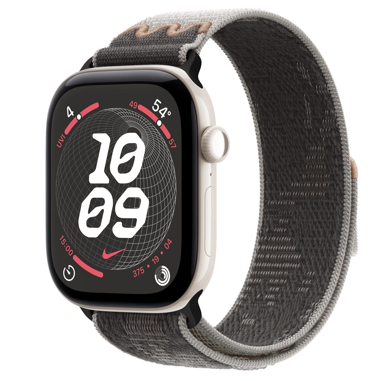 Apple Watch Series 12 (GPS + Cellular) • Keramikboett pärlvit, 46 mm • Nike-sportloop i Pavement Grey