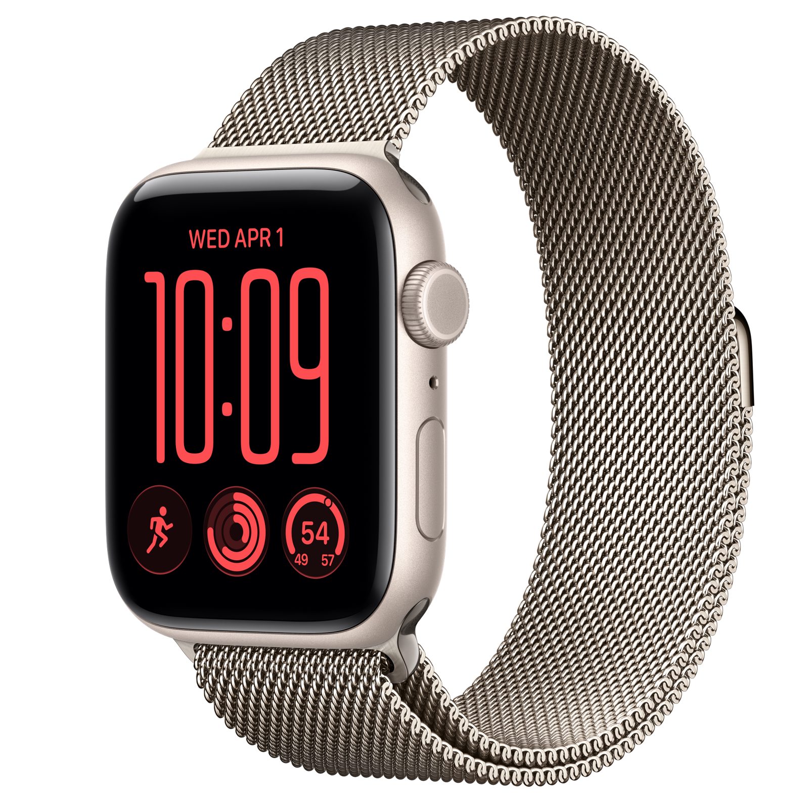 Apple Watch SE 3 (GPS + Cellular) • Aluminiumboett stjärnglans, 44 mm • Milanesisk loop naturlig finish