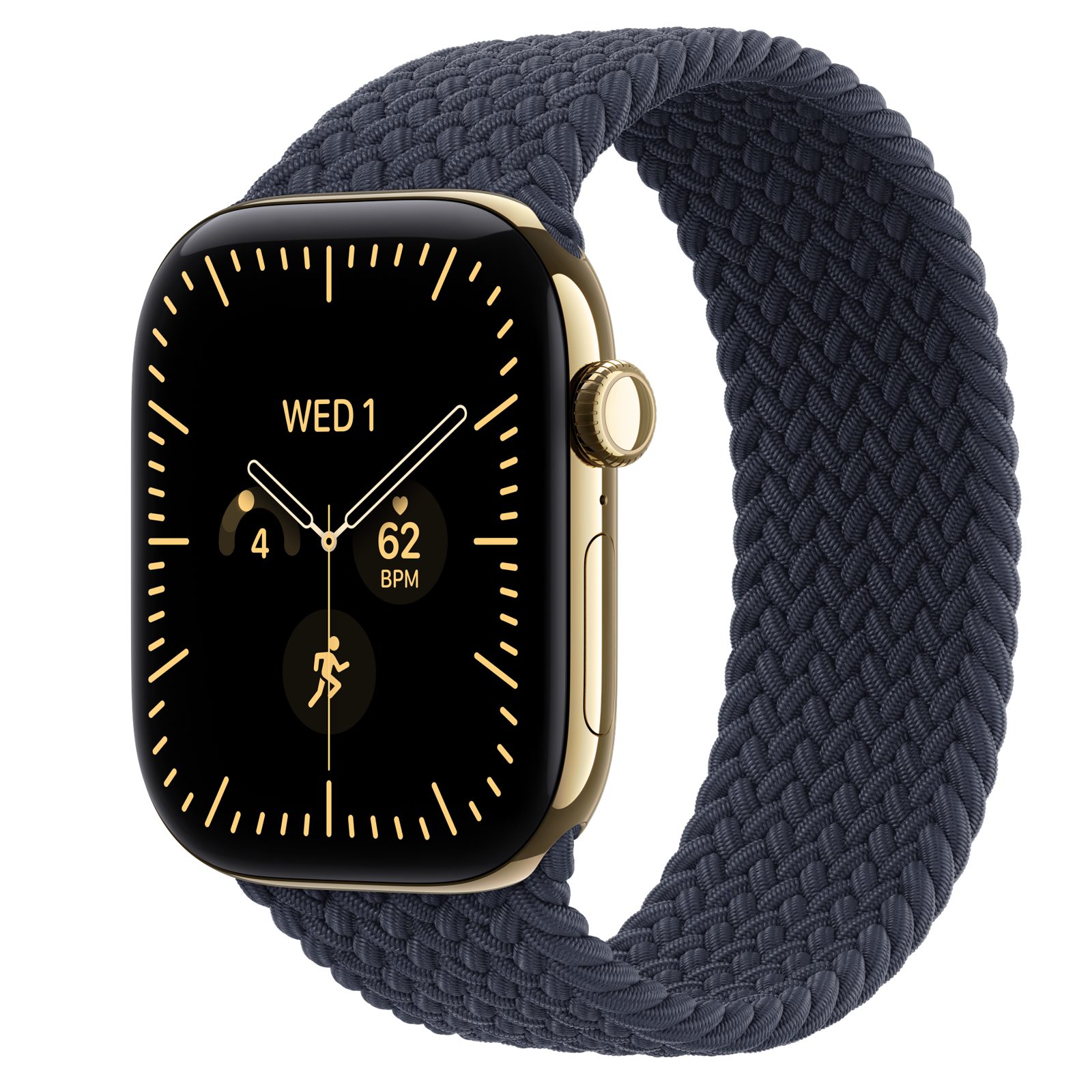Apple Watch Series 12 (GPS + Cellular) • Titanboett skinande guld, 46 mm • Flätad sololoop marinblå