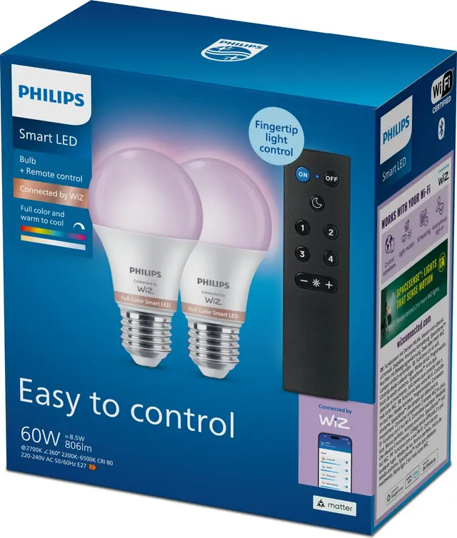 Philips LED RGB smart lampa med fjärrkontroll E27 A60 8,5W, 2-pack, bild 4
