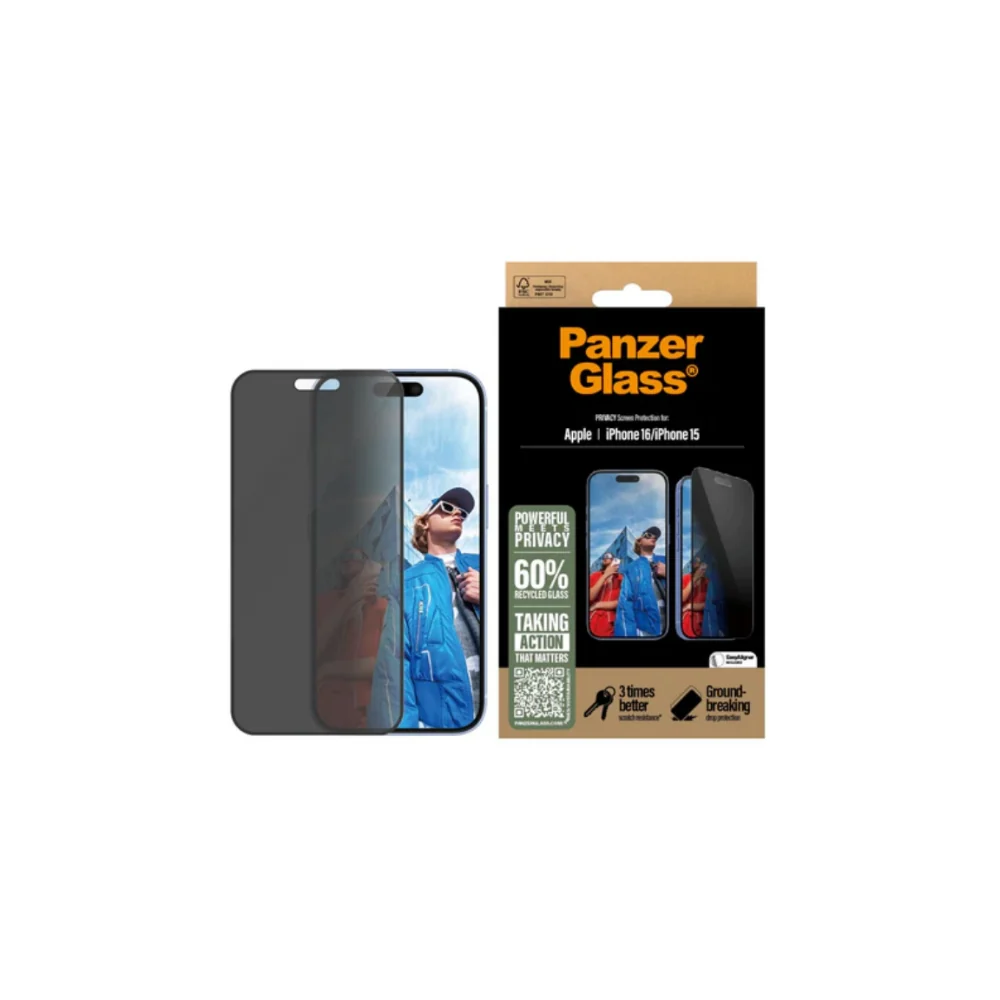 PanzerGlass iPhone 16/15 skärmskydd Ultra-Wide Fit Privacy med applikator