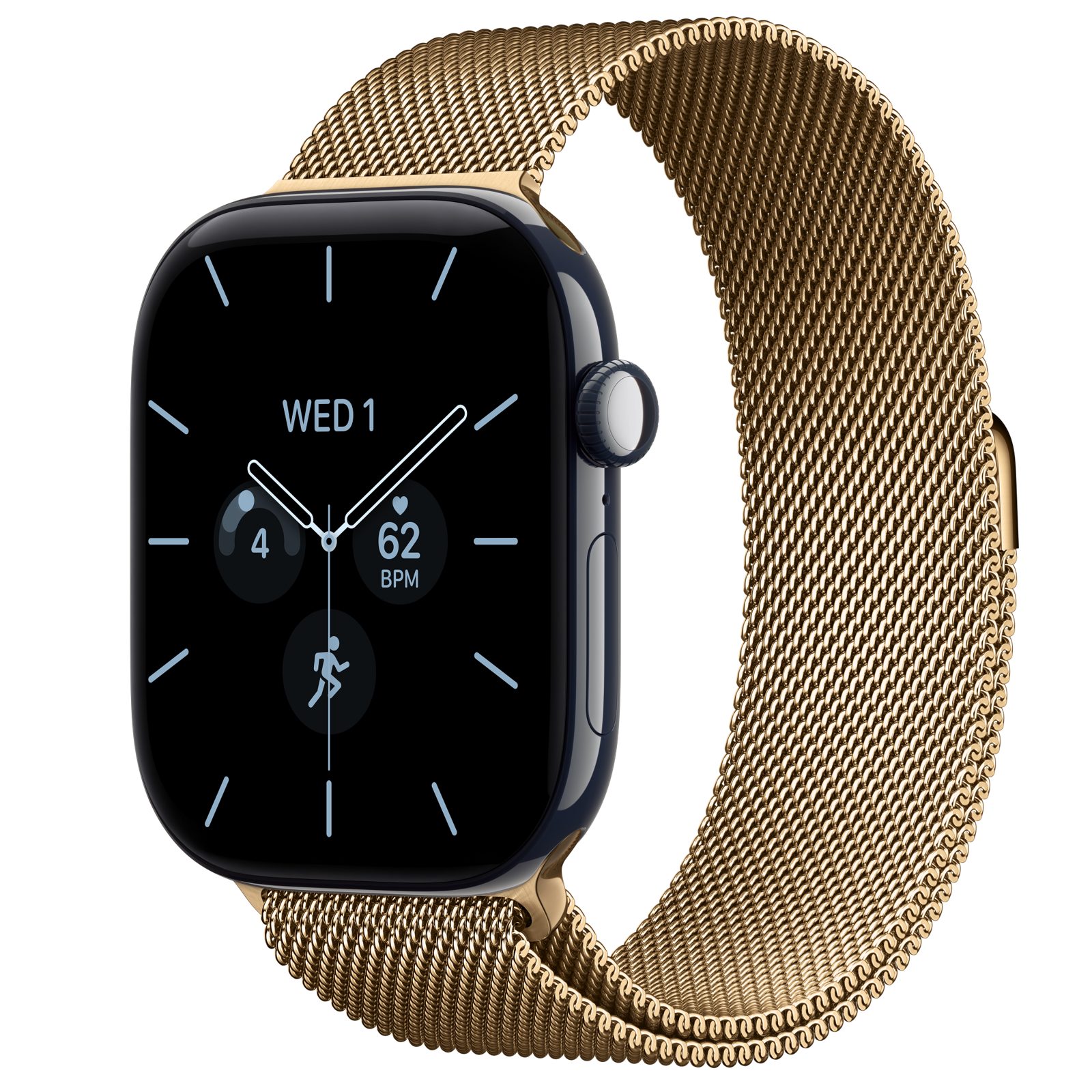 Apple Watch Series 12 (GPS + Cellular) • Keramikboett nattblå, 46 mm • Milanesisk loop skinande guld