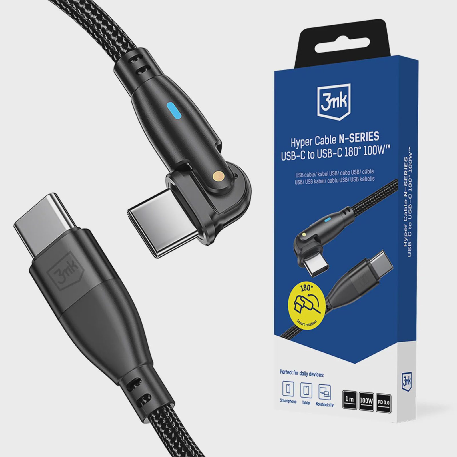 3mk Hyper Cable N-SERIES USB-C / USB-C 1 m PD 3.0 QC 3.0 20 V / 5 A 100 W – svart