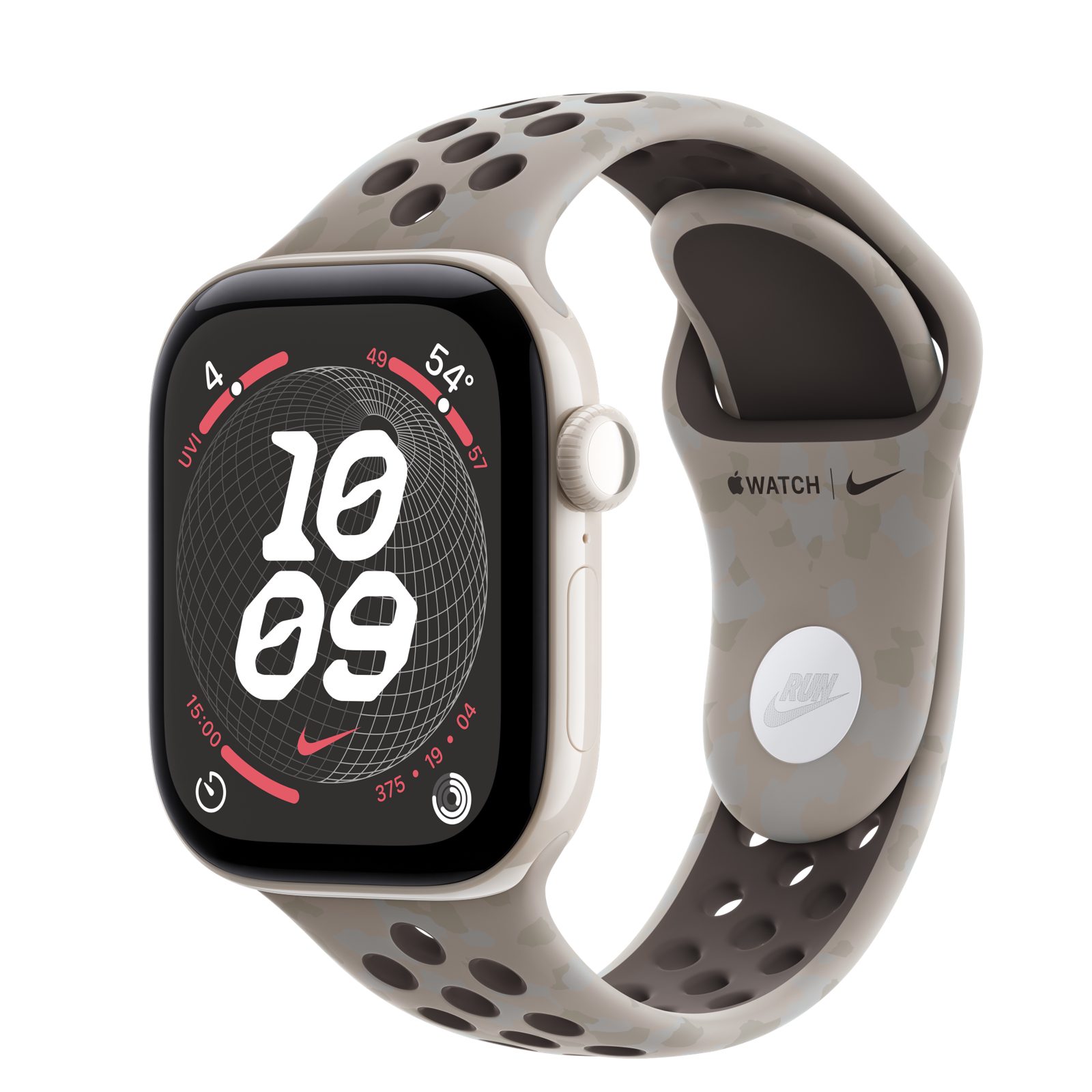 Apple Watch Series 12 (GPS + Cellular) • Keramikboett pärlvit, 42 mm • Nike-sportband i Pavement Grey