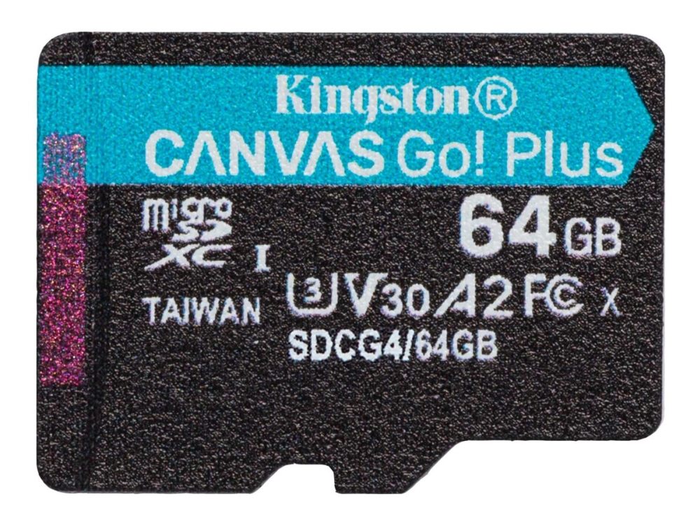 Micro Secure Digital SDXC 64 GB Kingston Canvas Go! Plus Gen4, 200 MB/sek läs, Class 10, UHS-I U3, V30, A2