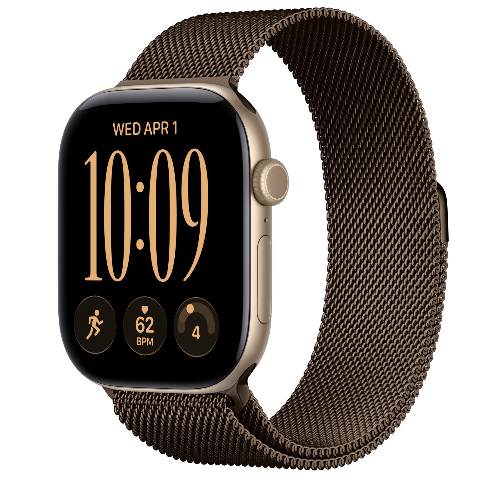 Apple Watch Series 12 (GPS + Cellular) • Aluminiumboett ljust guld, 46 mm • Milanesisk loop mörk brons