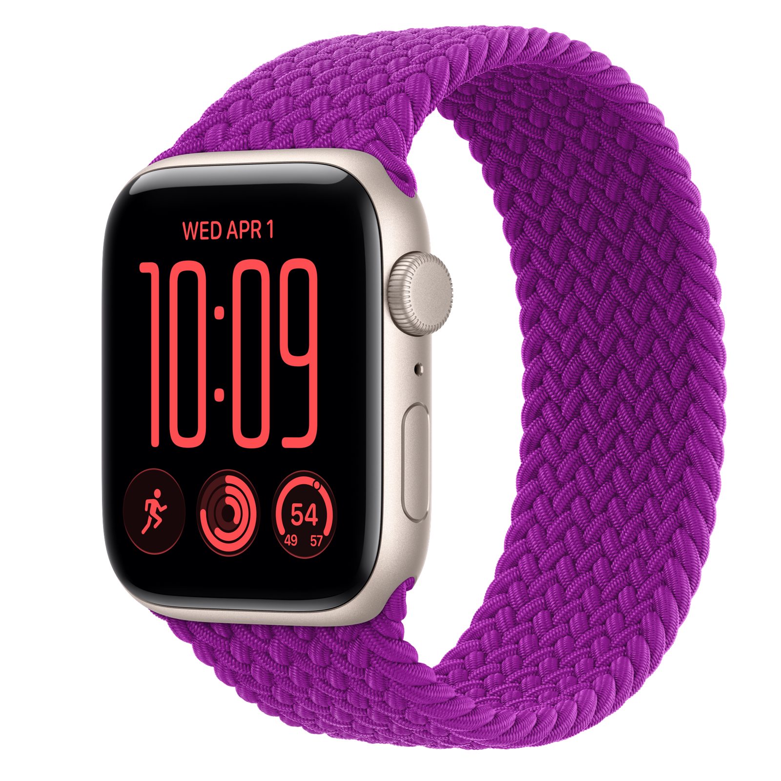 Apple Watch SE 3 (GPS) • Aluminiumboett stjärnglans, 44 mm • Flätad sololoop magenta