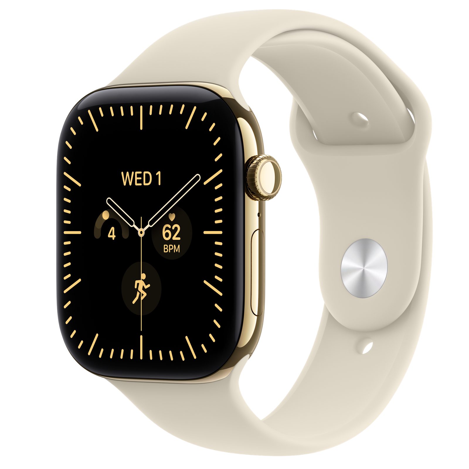 Apple Watch Series 12 (GPS + Cellular) • Titanboett skinande guld, 46 mm • Sportband sand