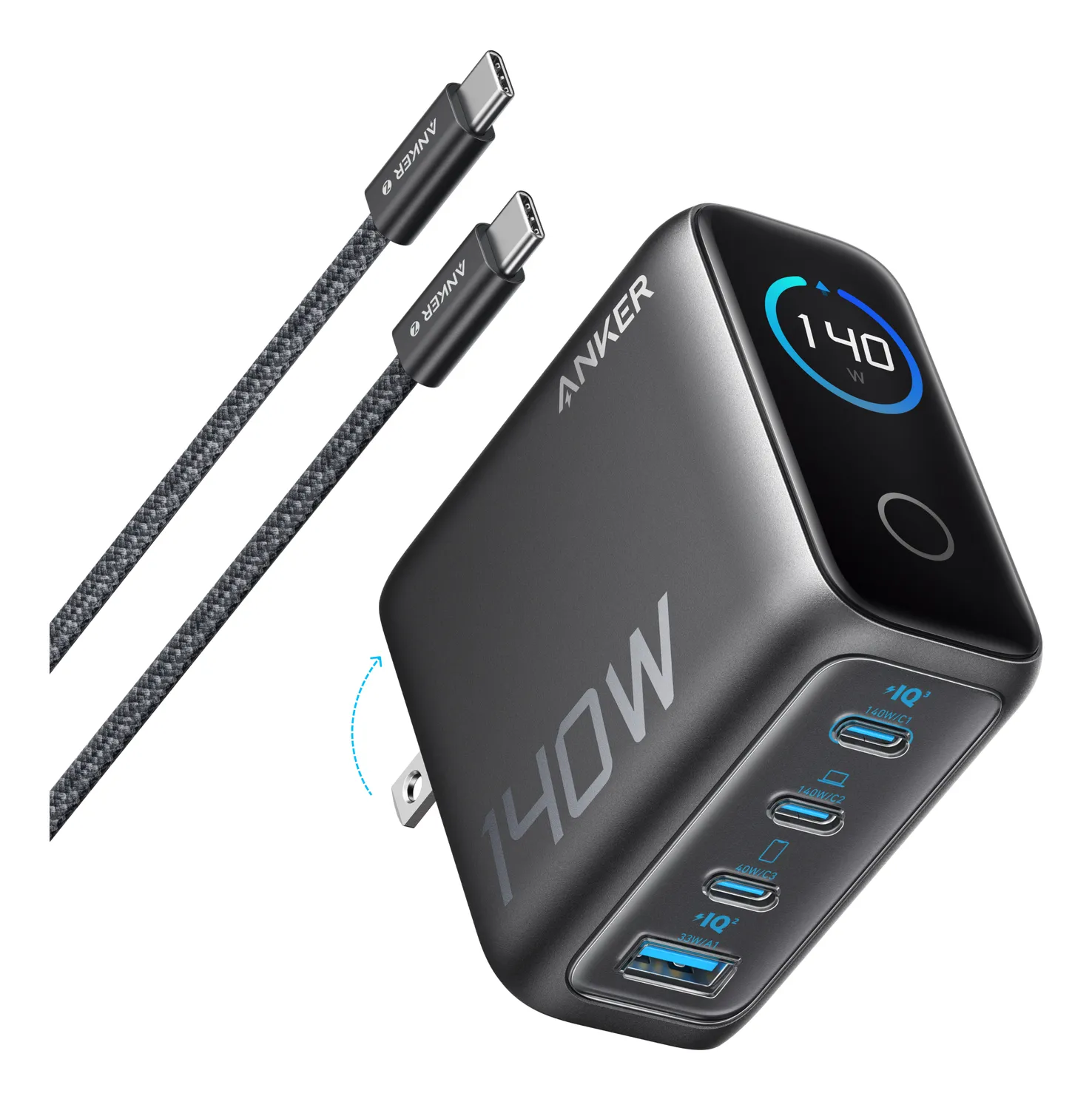Anker 140W 4-ports GaN-laddare inklusive 240W USB-C kabel 1.5m Mörkgrå