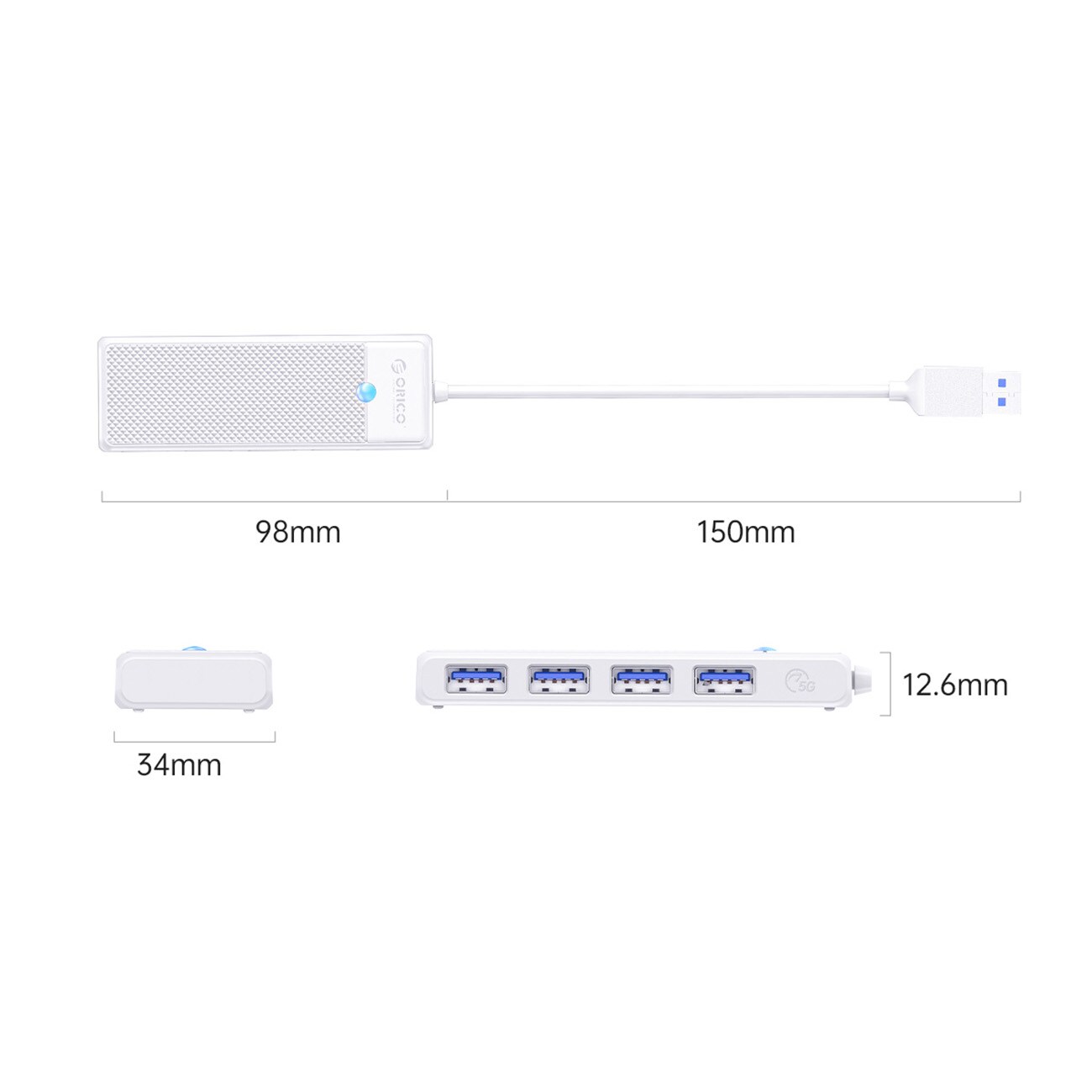 Orico PAPW4A-U3 USB-hubb med 4 portar (4x USB-A 3.0), 1,8 m – vit, bild 2