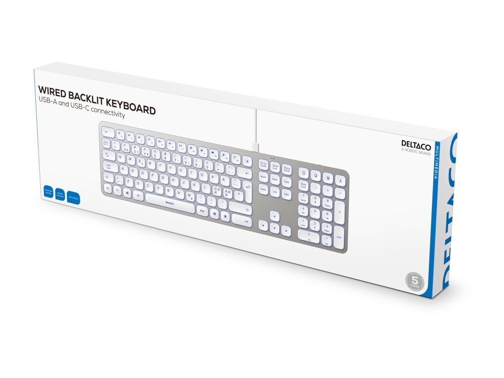 Deltaco Wired Low-Profile Aluminium Keyboard, USB-A/USB-C, bakgrundsbelysning