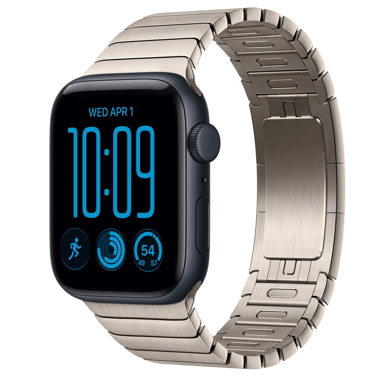 Apple Watch SE 3 (GPS + Cellular) • Aluminiumboett midnatt, 44 mm • Länkarmband naturlig finish