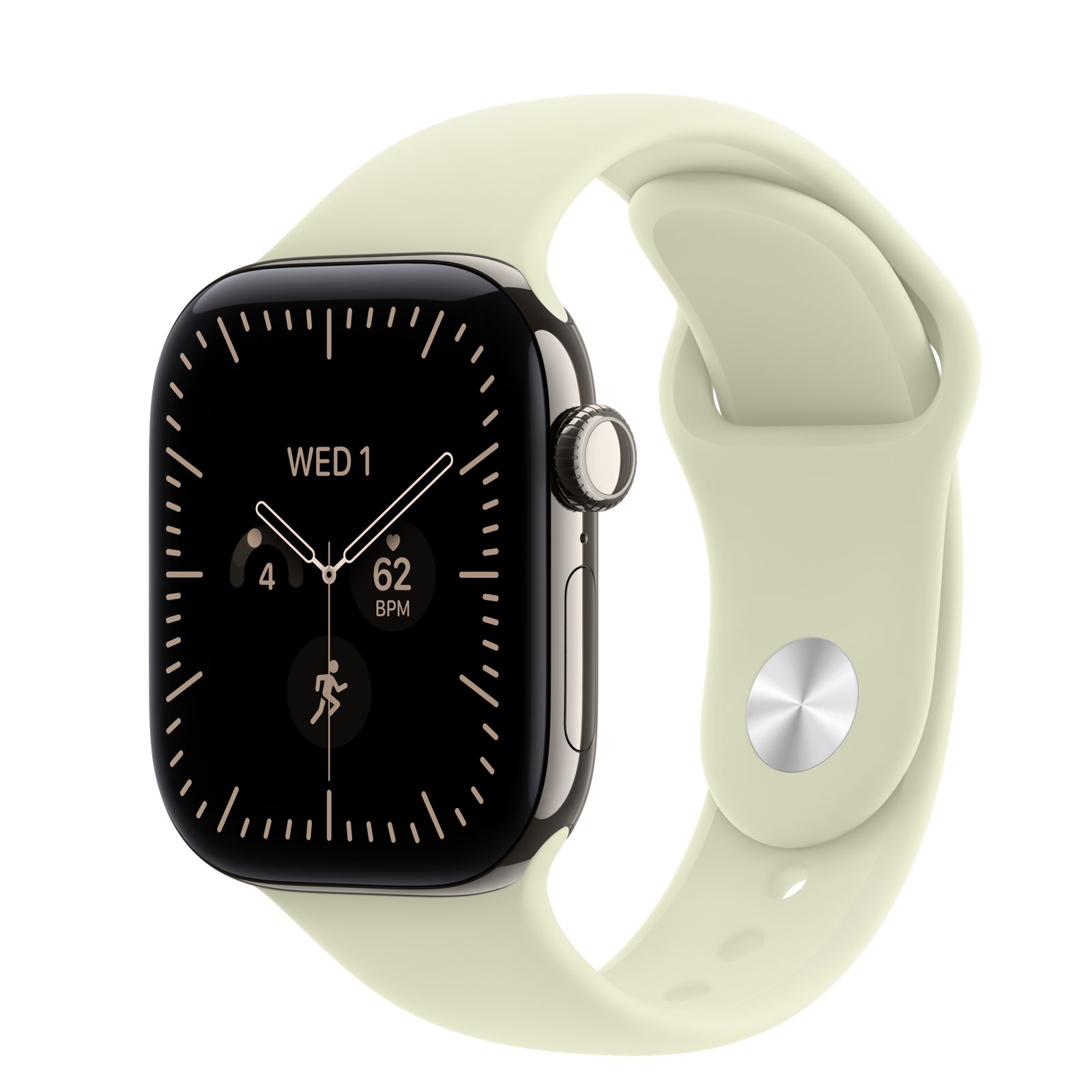 Apple Watch Series 12 (GPS + Cellular) • Titanboett naturlig, 42 mm • Sportband ljusgrön suckulent