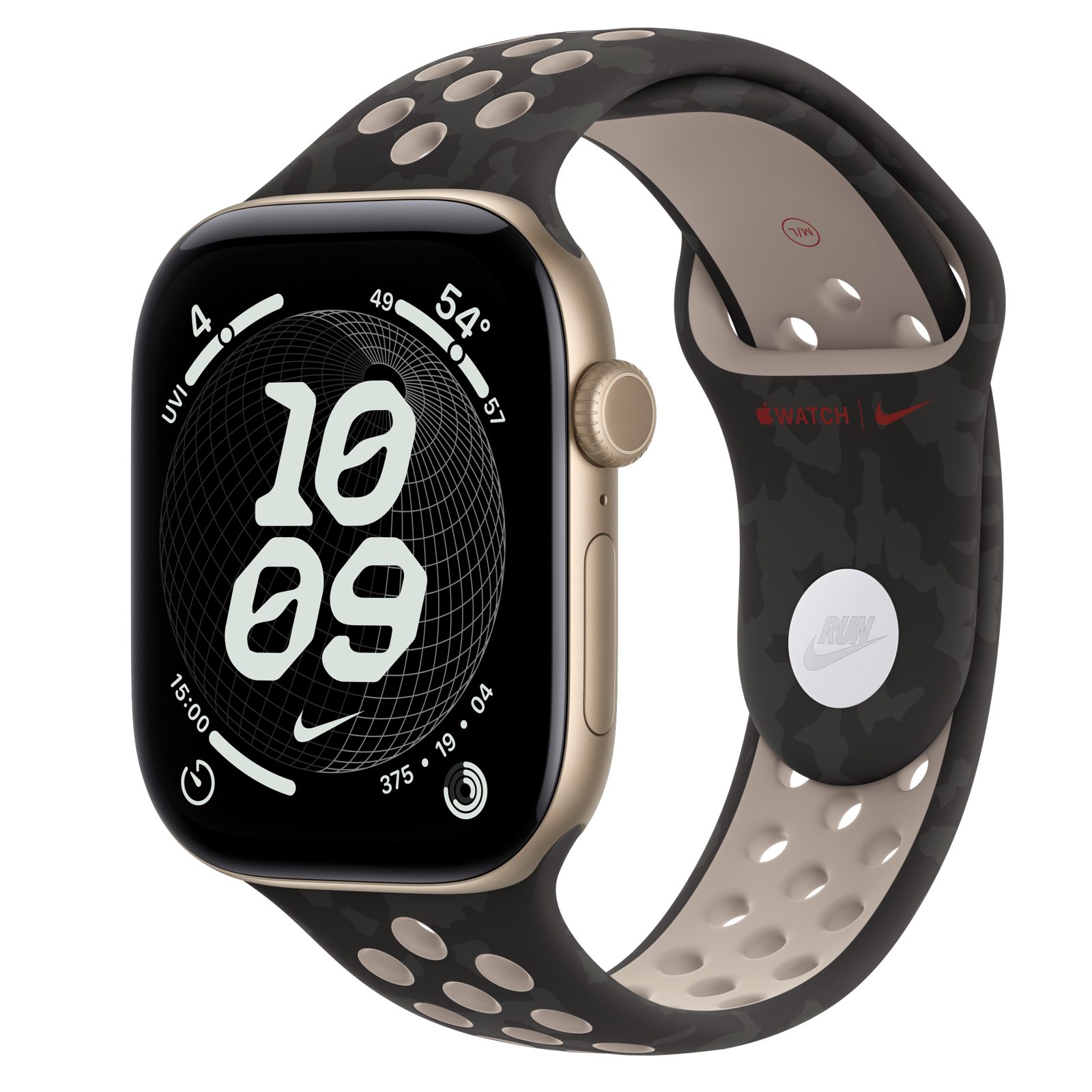 Apple Watch Series 12 (GPS + Cellular) • Aluminiumboett ljust guld, 46 mm • Nike-sportband i After Dark Black