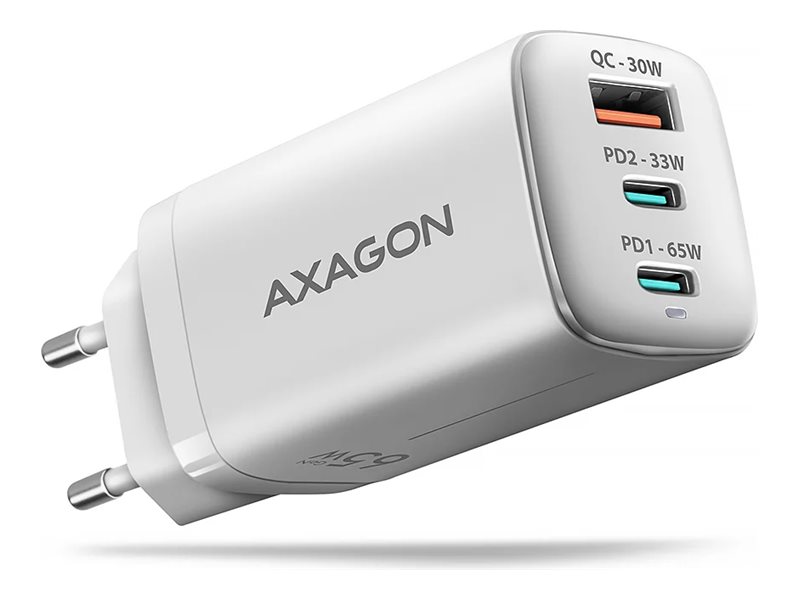 AXAGON ACU-DPQ65W - Strömadapter - 65 Watt - 1.5 A - PD 2.0, PD 3.0, QC 2.0, QC 3.0, QC 4.0+, Huawei Fast Charge, SCP, PD/PPS, AFC, SFC, SFC 2.0, PE+, PE 2.0+ - 3 utdatakontakter (USB typ A, 2 x USB-C) - vit
