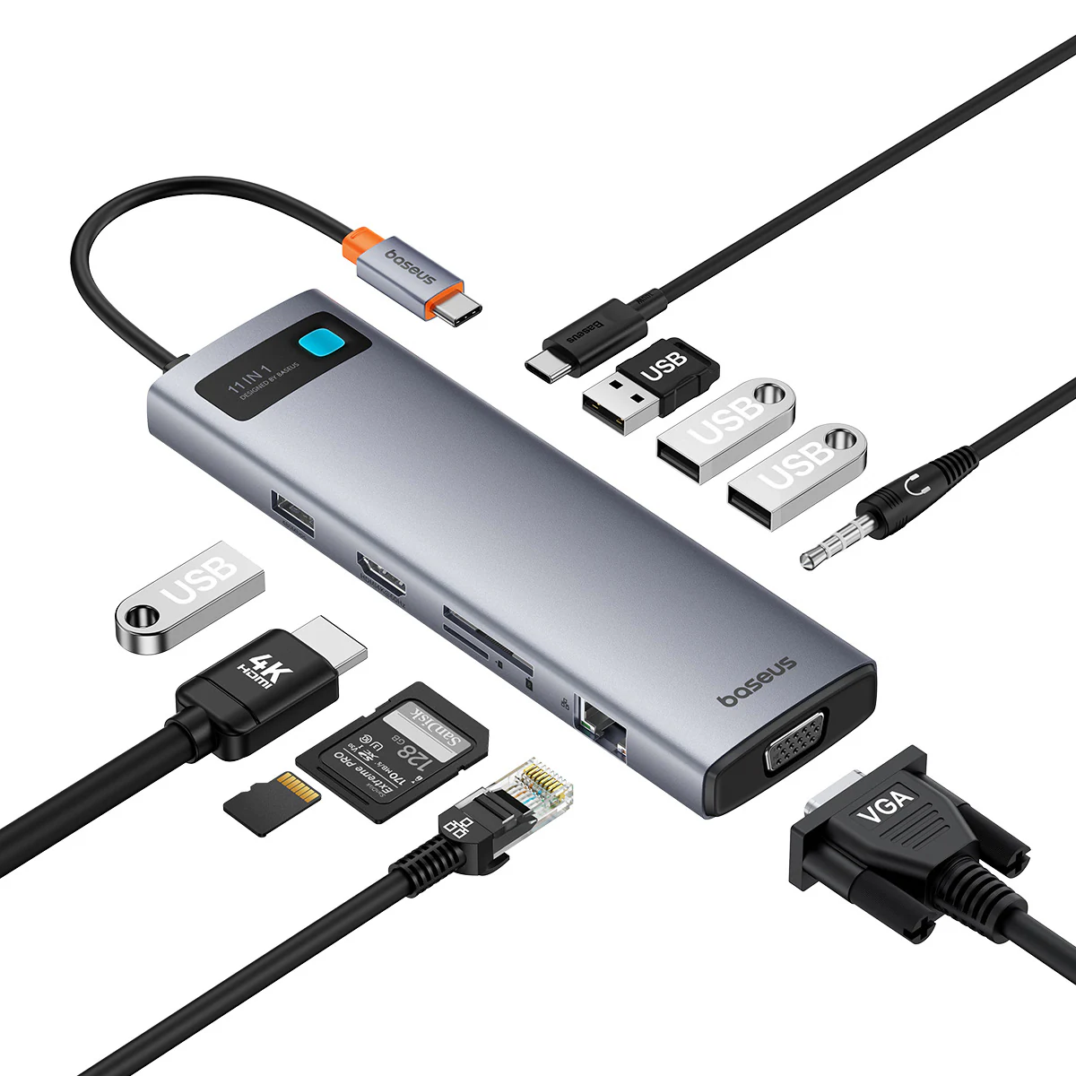 HUB 11in1 Baseus Metal Gleam USB-C PD, 3x USB-A 3.0, HDMI, VGA, AUX, RJ-45, SD TF - grå
