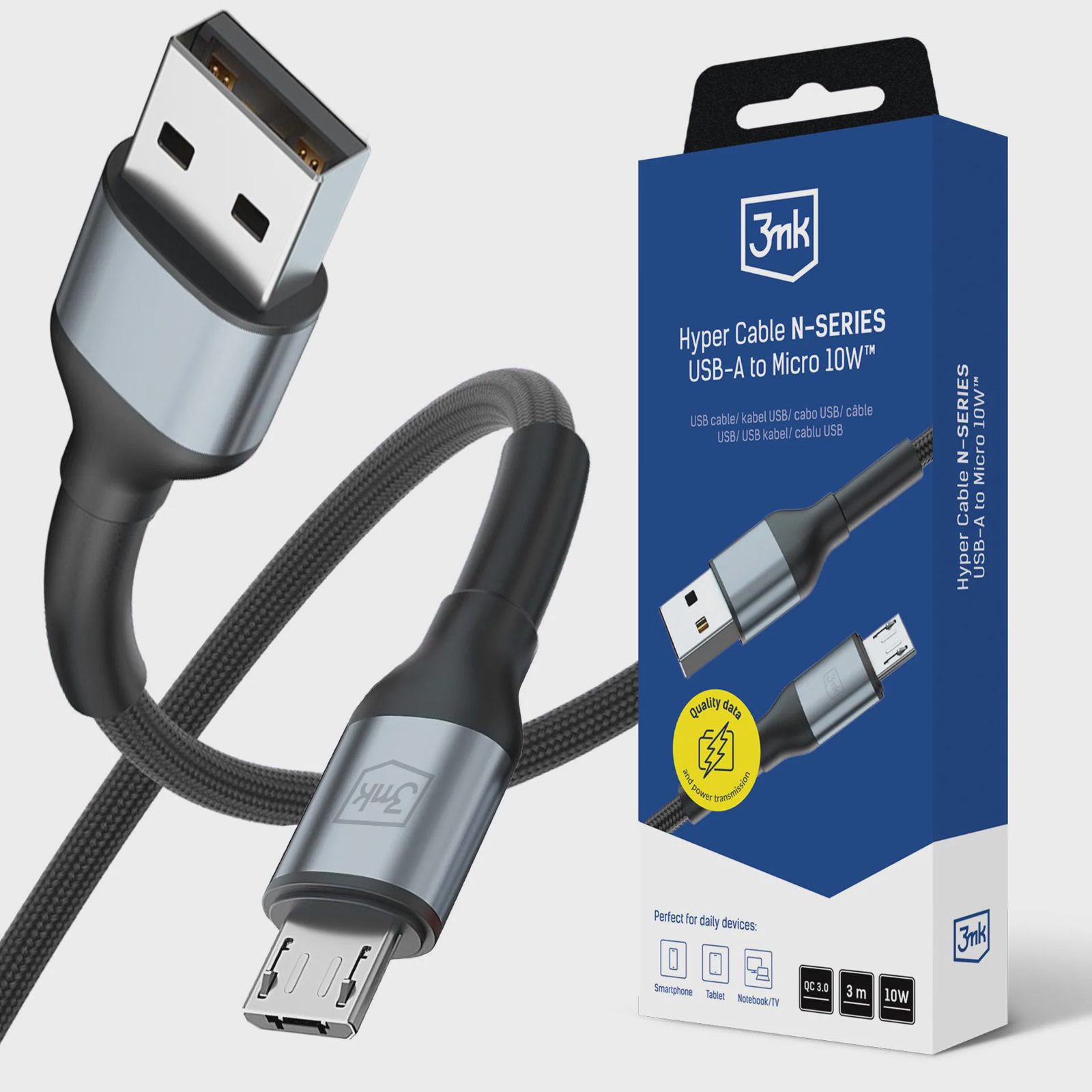 3mk Hyper Cable N-SERIES USB-A / MicroUSB 3 m QC 3.0 5 V/2 A 10 W – svart