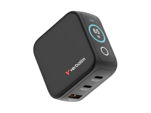 AC-adapter Verbatim Mini GaN Charger 65W with Display, 2xUSB-C / 1xUSB-A, inkl. reseadapter EU/UK/US, bild 2