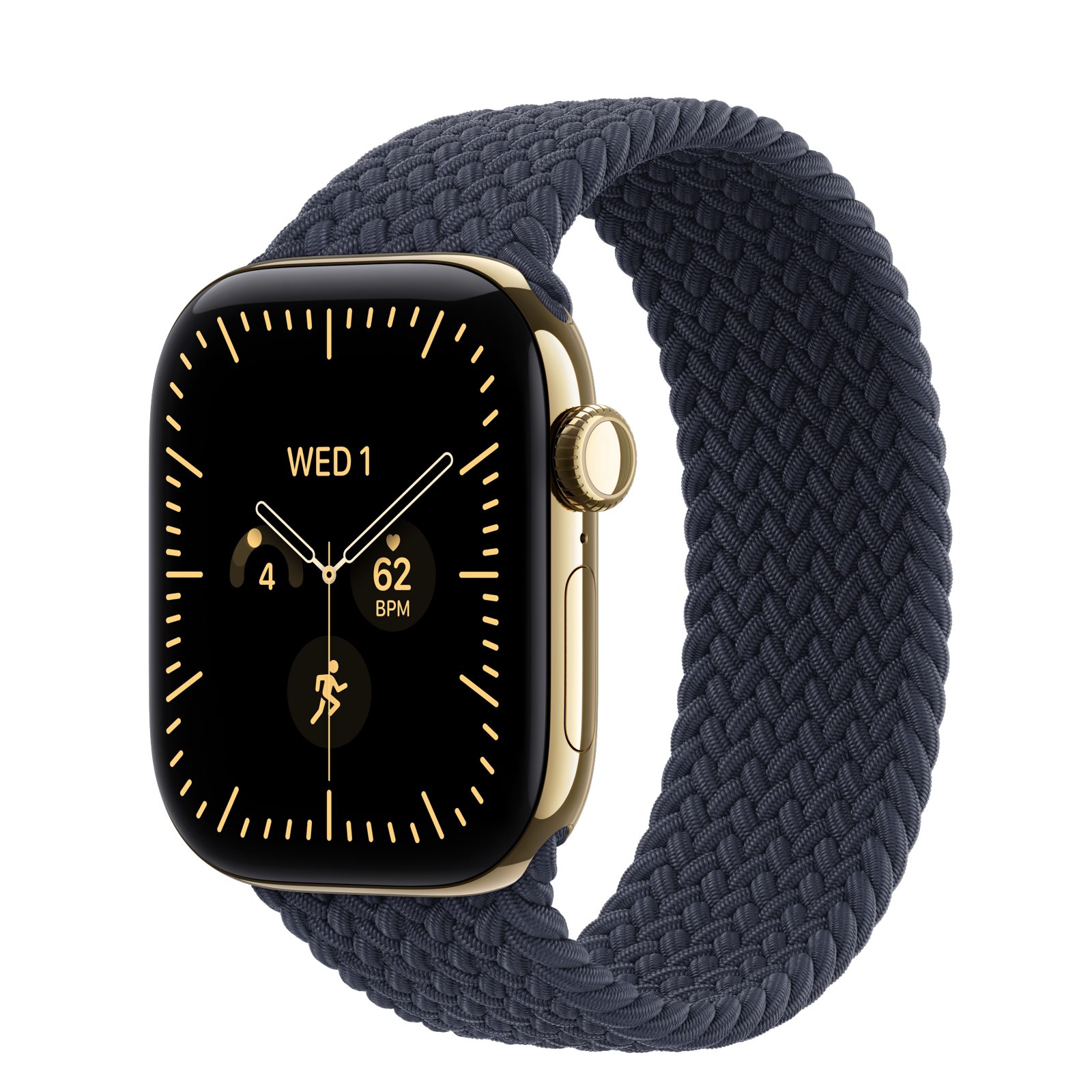 Apple Watch Series 12 (GPS + Cellular) • Titanboett skinande guld, 42 mm • Flätad sololoop marinblå