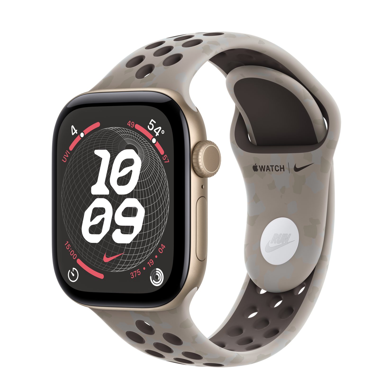 Apple Watch Series 12 (GPS) • Aluminiumboett ljust guld, 42 mm • Nike-sportband i Pavement Grey