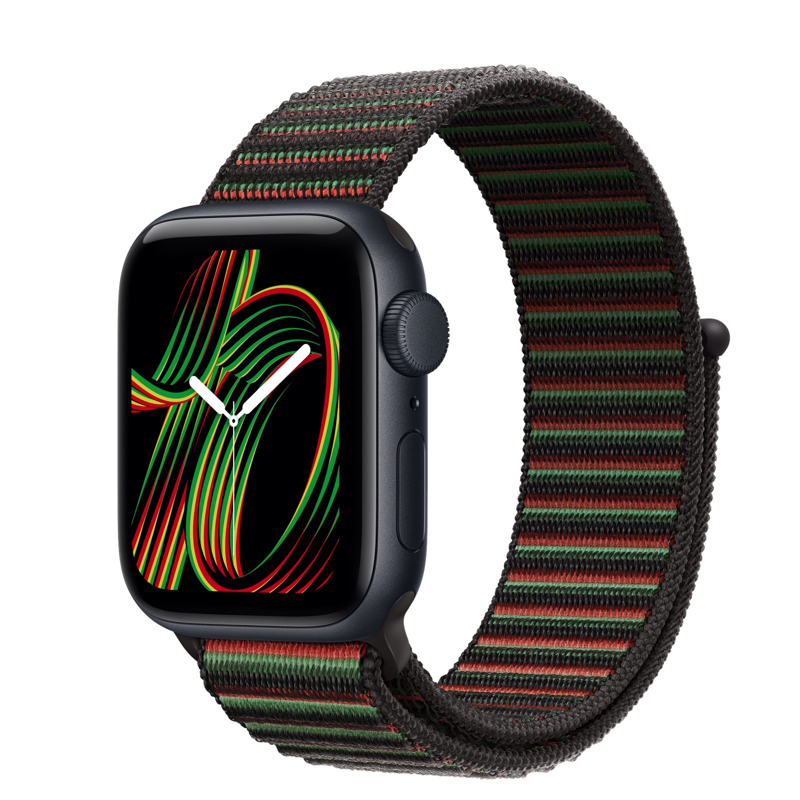 Apple Watch SE 3 (GPS) • Aluminiumboett midnatt, 40 mm • Sportloop Black Unity – Unity Rhythm