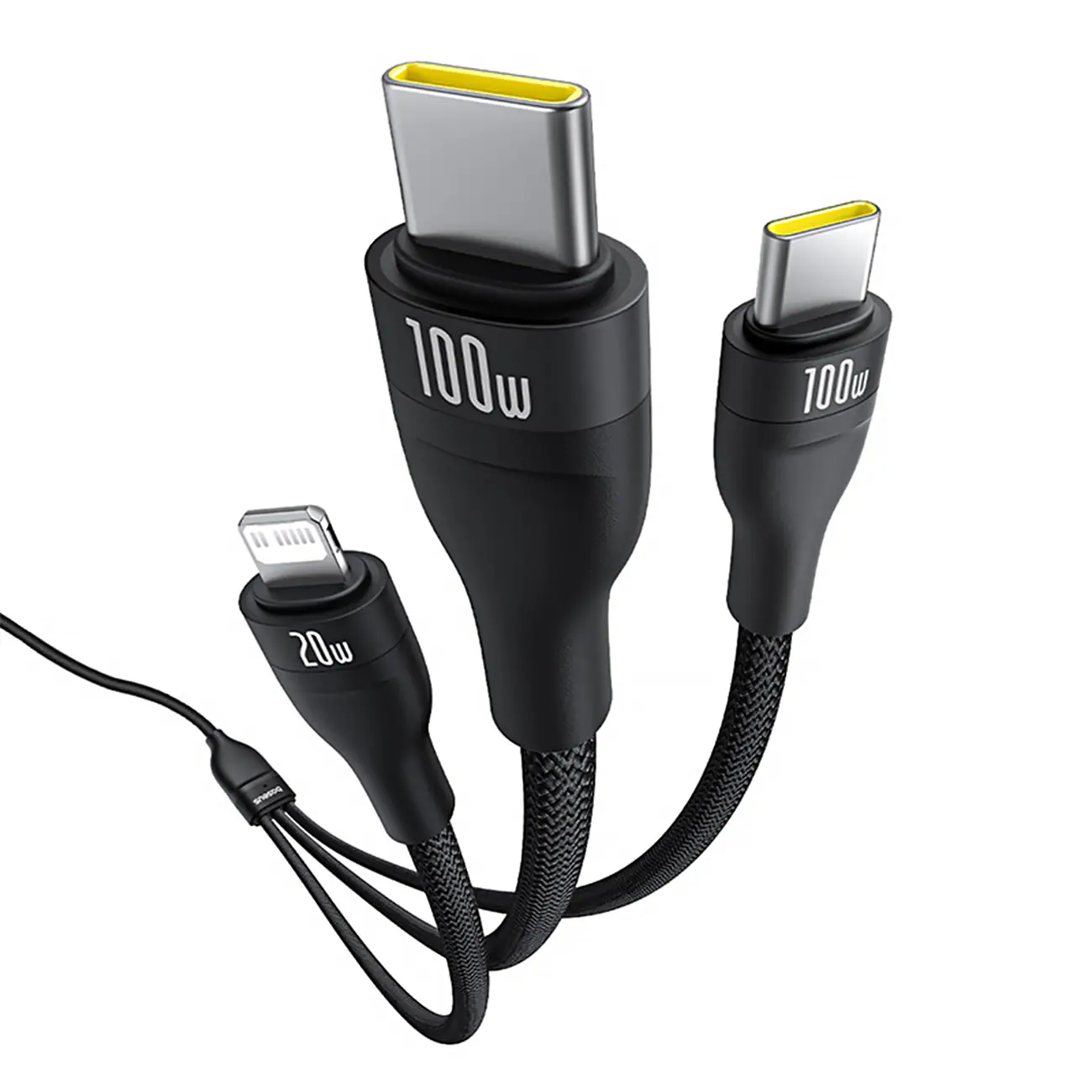 Baseus 3in1 laddningskabel USB-C till 2x USB-C/1x Lightning 100W, 1,75m - Svart, bild 5